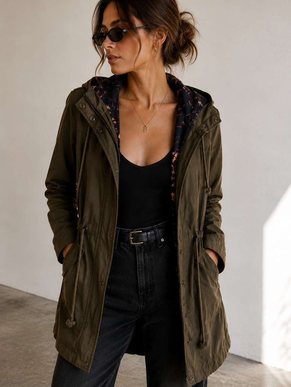 Women's Hooded Olive Utility Jacket with Drawstring Waist